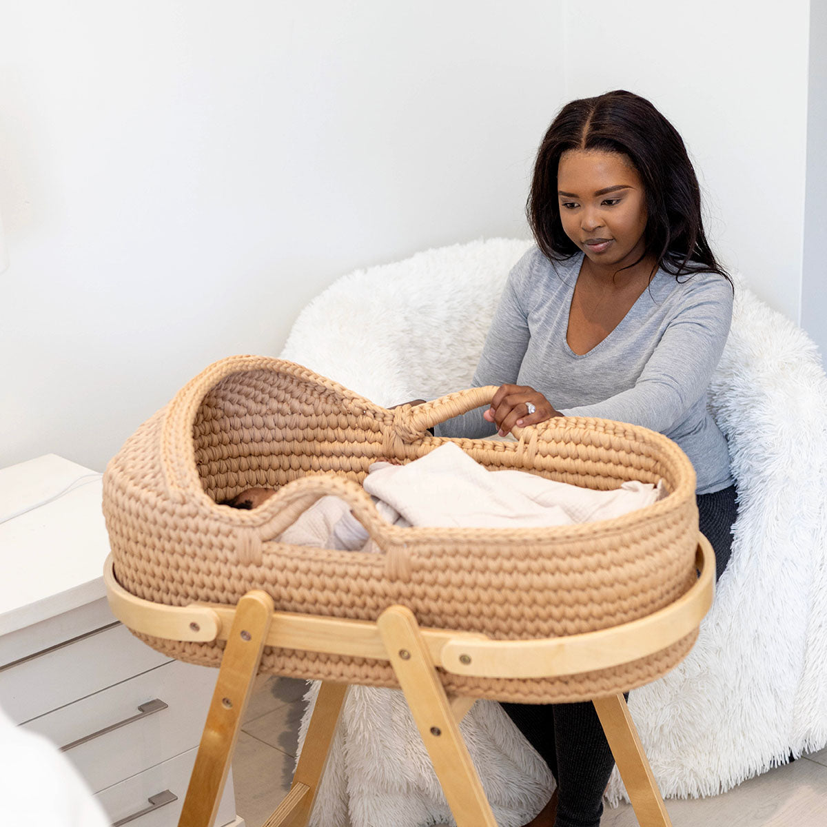 Snuggletime Woven Crochet Moses Basket with Wooden Rocking Stand