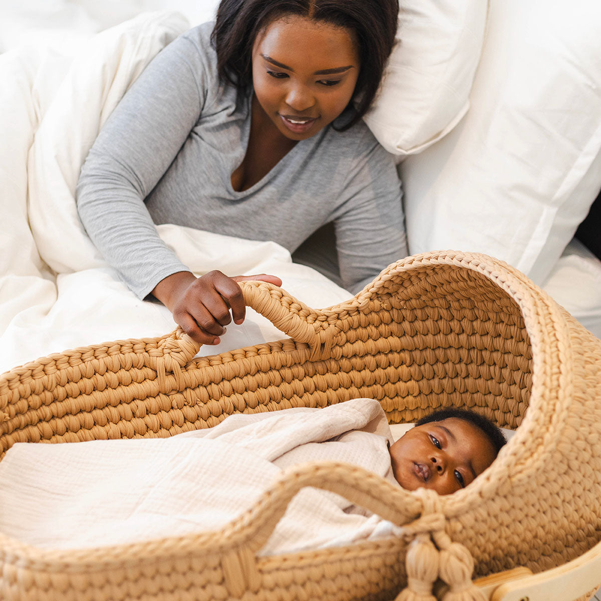 Snuggletime Woven Crochet Moses Basket with Wooden Rocking Stand