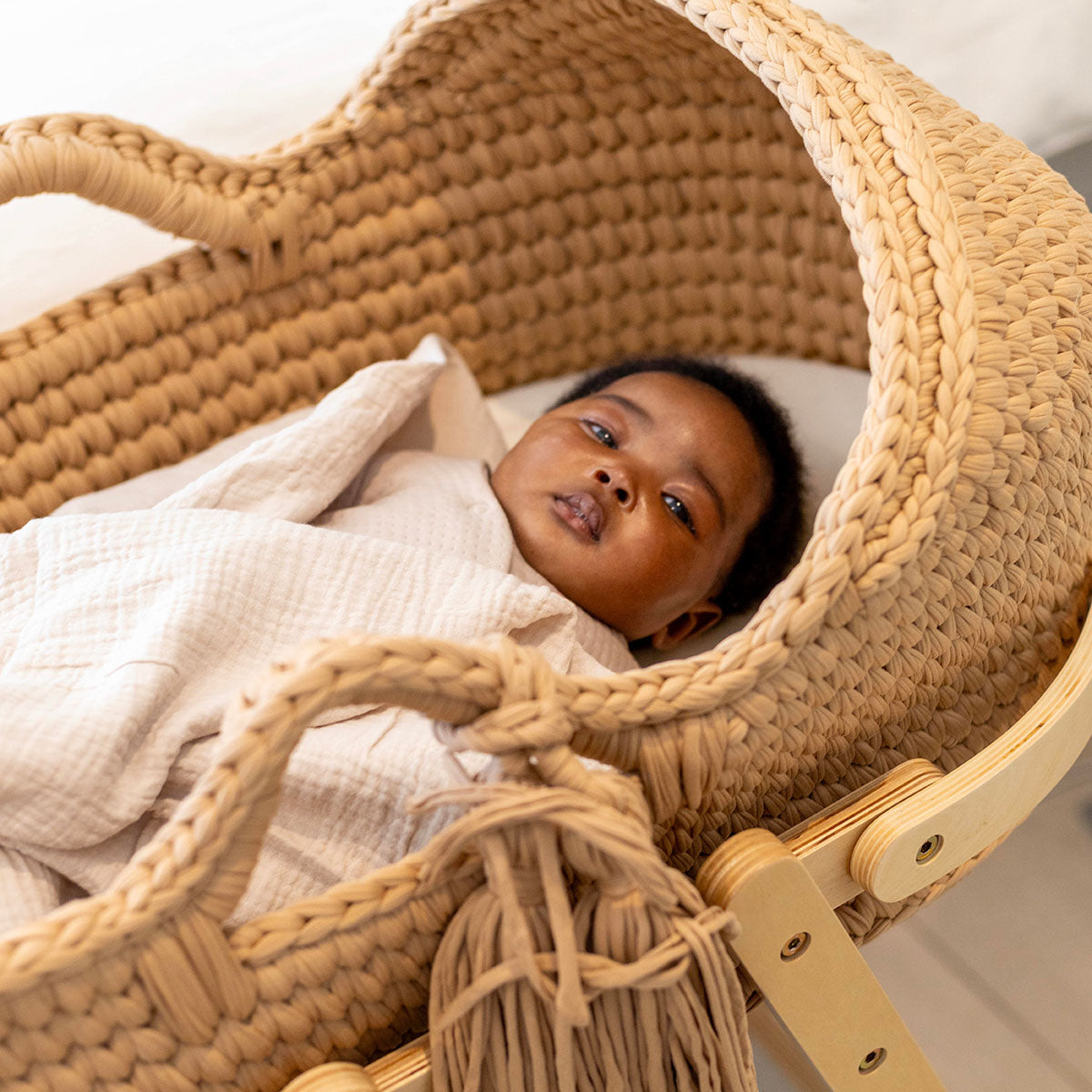 Snuggletime Woven Crochet Moses Basket with Wooden Rocking Stand
